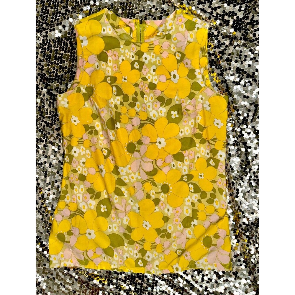 True Vintage 1960s Homemade Dress Cotton Flower Power Yellow Metal Zipper